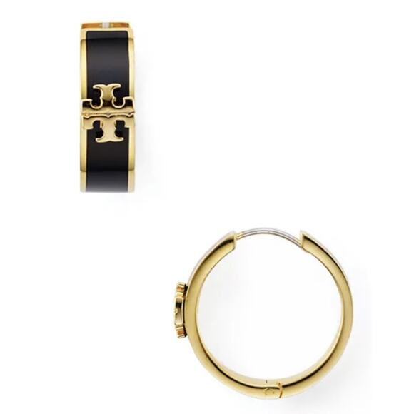 NEW Tory Burch Kira Huggie Hoop Earrings Enamel Black Gold Small Work Casual - Picture 1 of 5